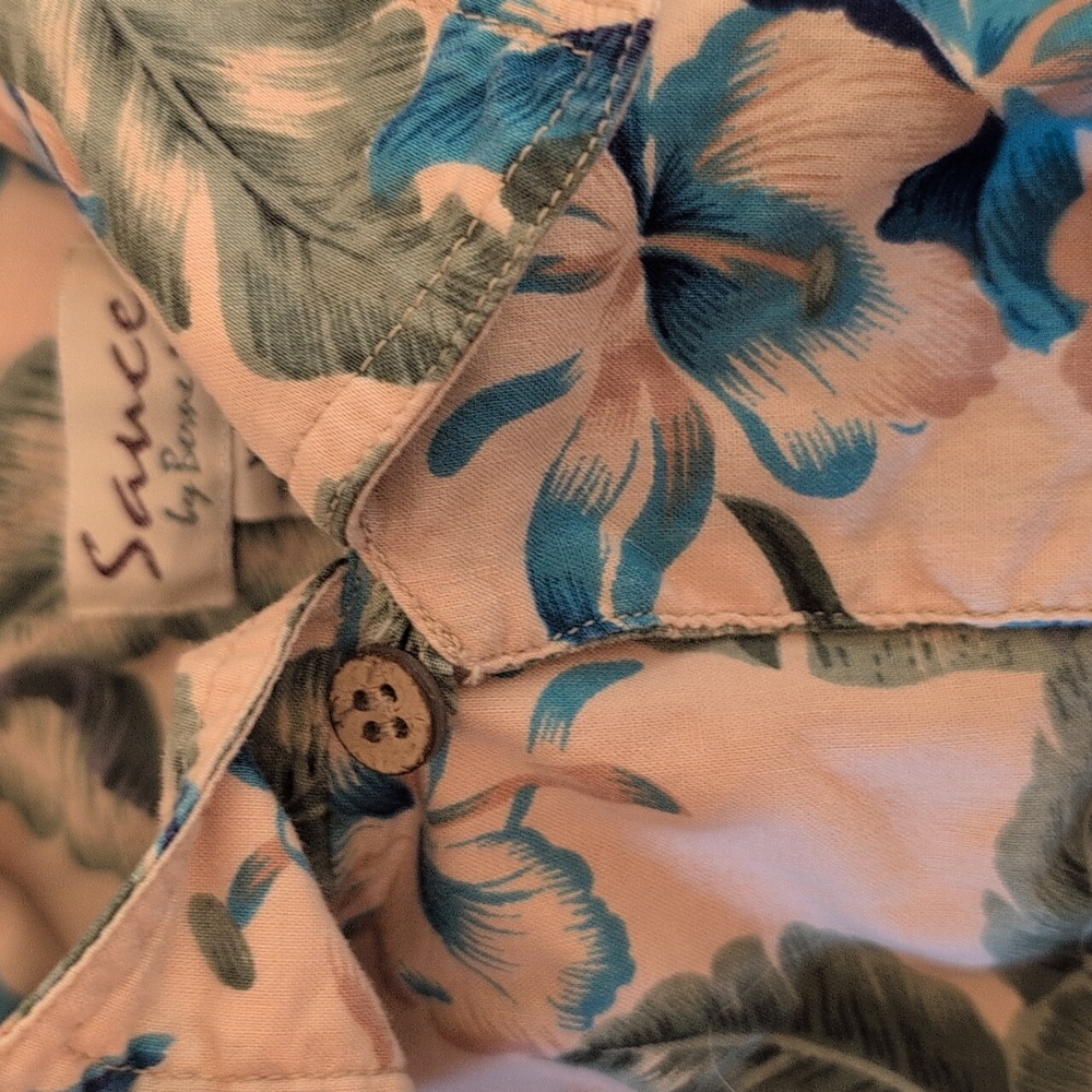 Men's Sauce By Berne Tan/Green/Blue Floral Button Down Hawaiian Style Shirt, XL - Picture 5 of 9